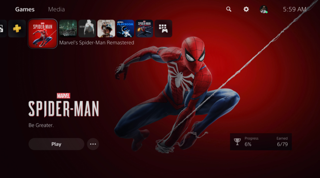 The PlayStation 5 UI puts games front and center by separating games and media apps