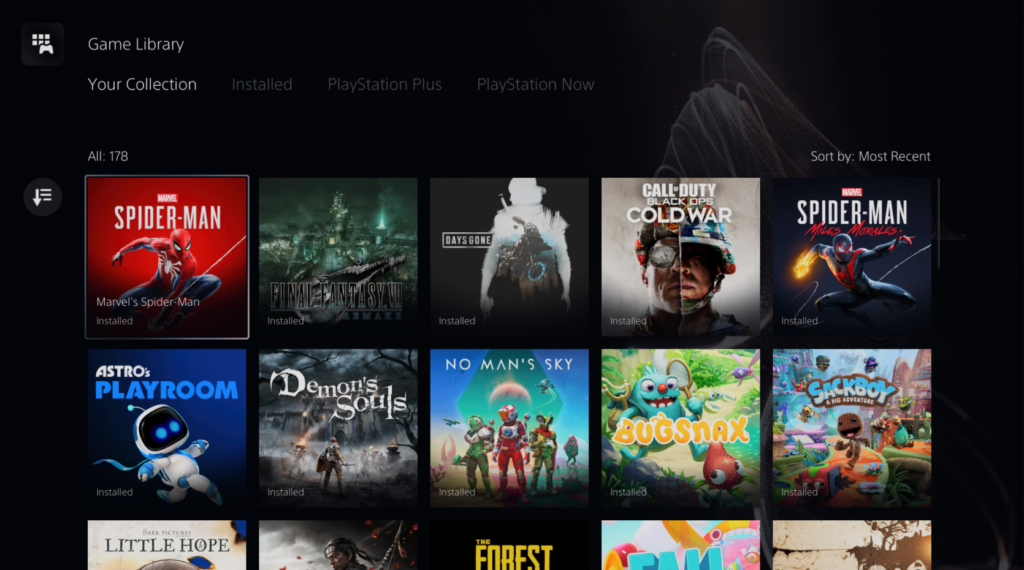 The game library on PS5 showcases your game tiles in an elegant way